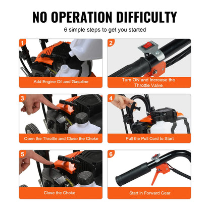 AS Equipment 43CC garden tiller cultivator with steel tines and wheels