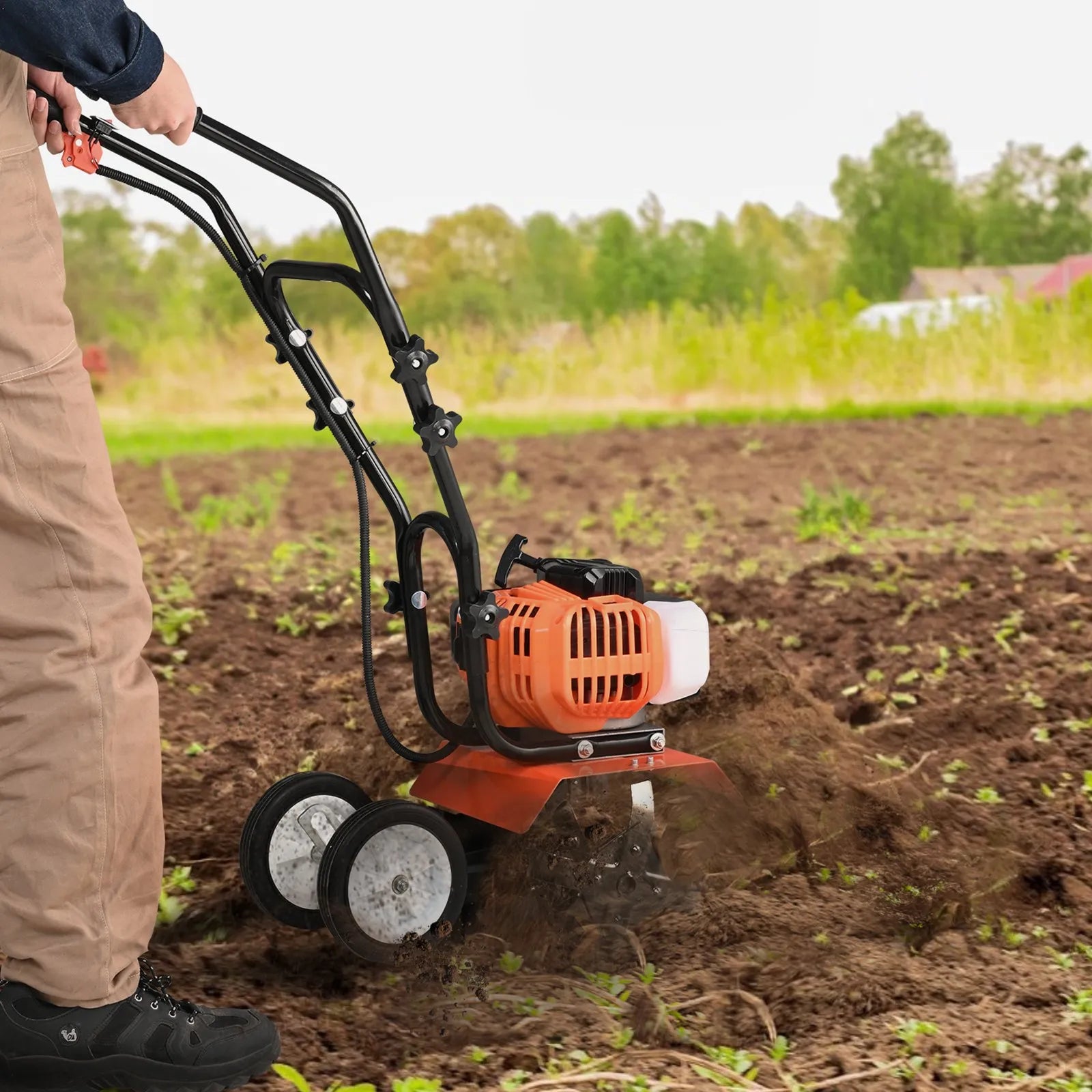 AS Equipment 43CC garden tiller cultivator with steel tines and wheels