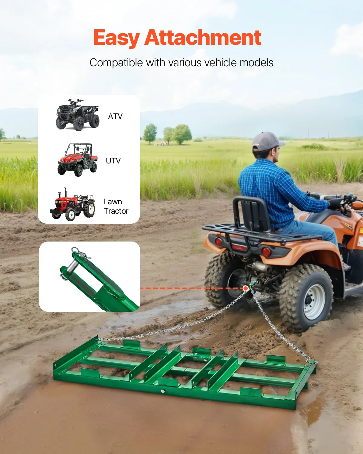 AS Equipment 4FT tow behind drag harrow rake for ATV tractor driveway grading and lawn leveling