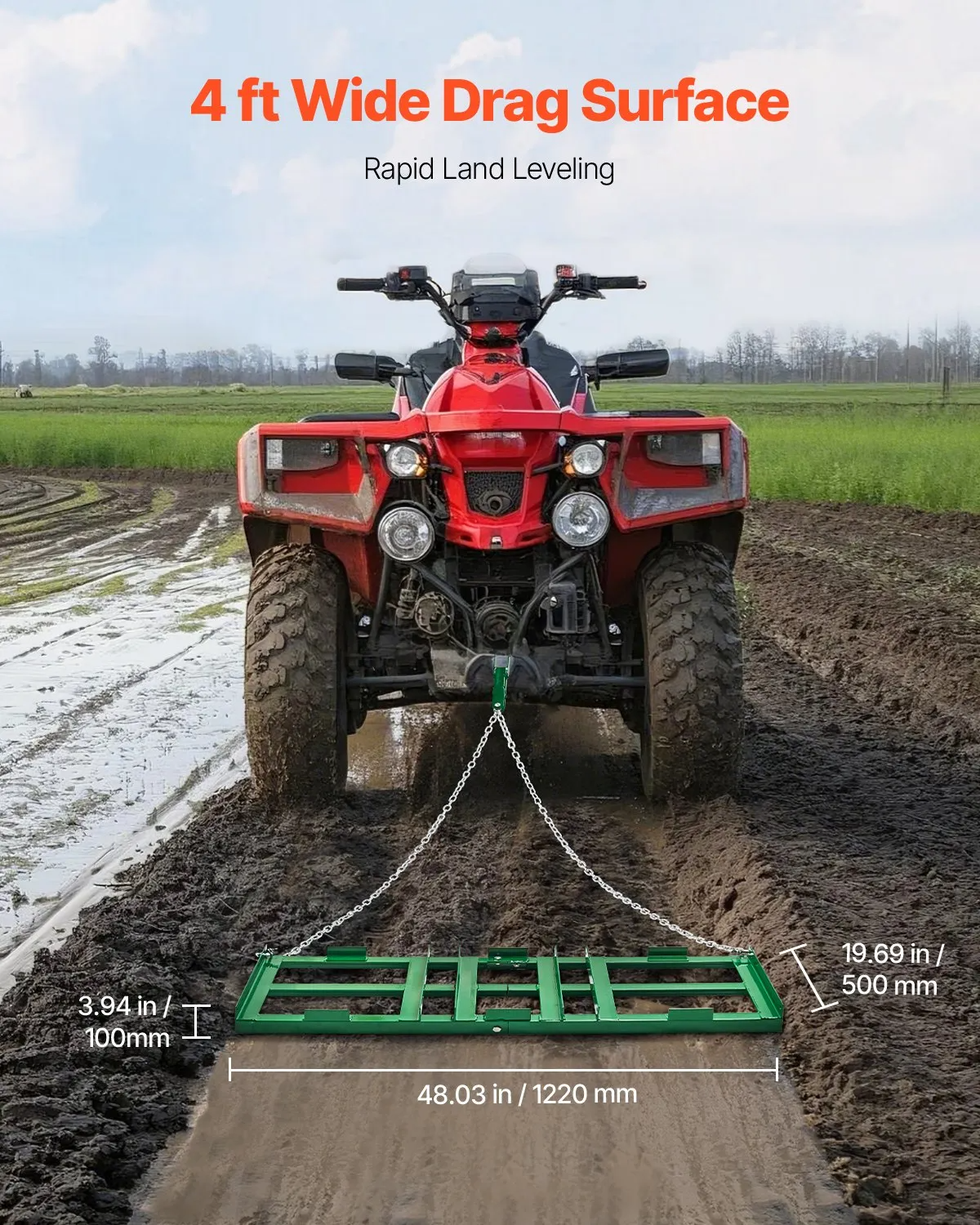 AS Equipment 4FT tow behind drag harrow rake for ATV tractor driveway grading and lawn leveling