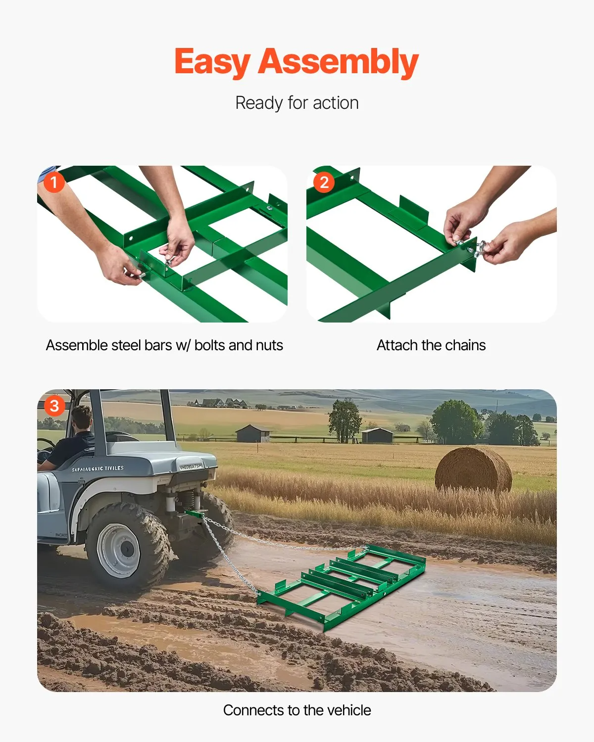 AS Equipment 4FT tow behind drag harrow rake for ATV tractor driveway grading and lawn leveling
