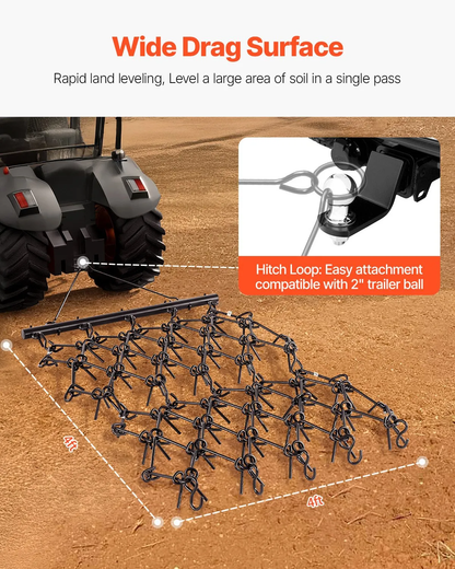 AS Equipment 4x4 ft steel drag harrow rake with 69 teeth for ATV tractor use