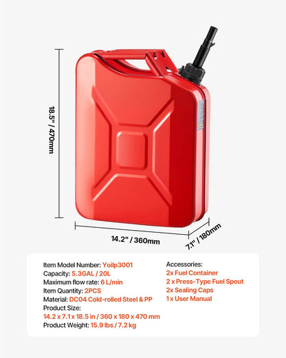 AS Equipment 5.3 gallon metal fuel container with spout and handle 2 pack