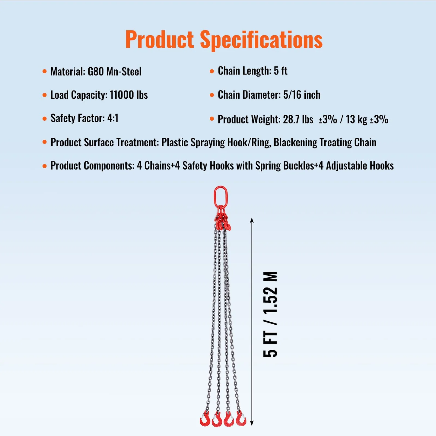 AS Equipment G80 lifting chain sling with four grab hooks and adjusters