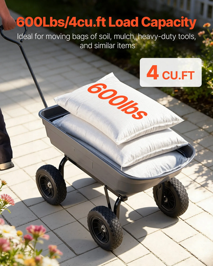 AS Equipment 600LB garden dump cart wagon with swivel wheels and quick dump tray