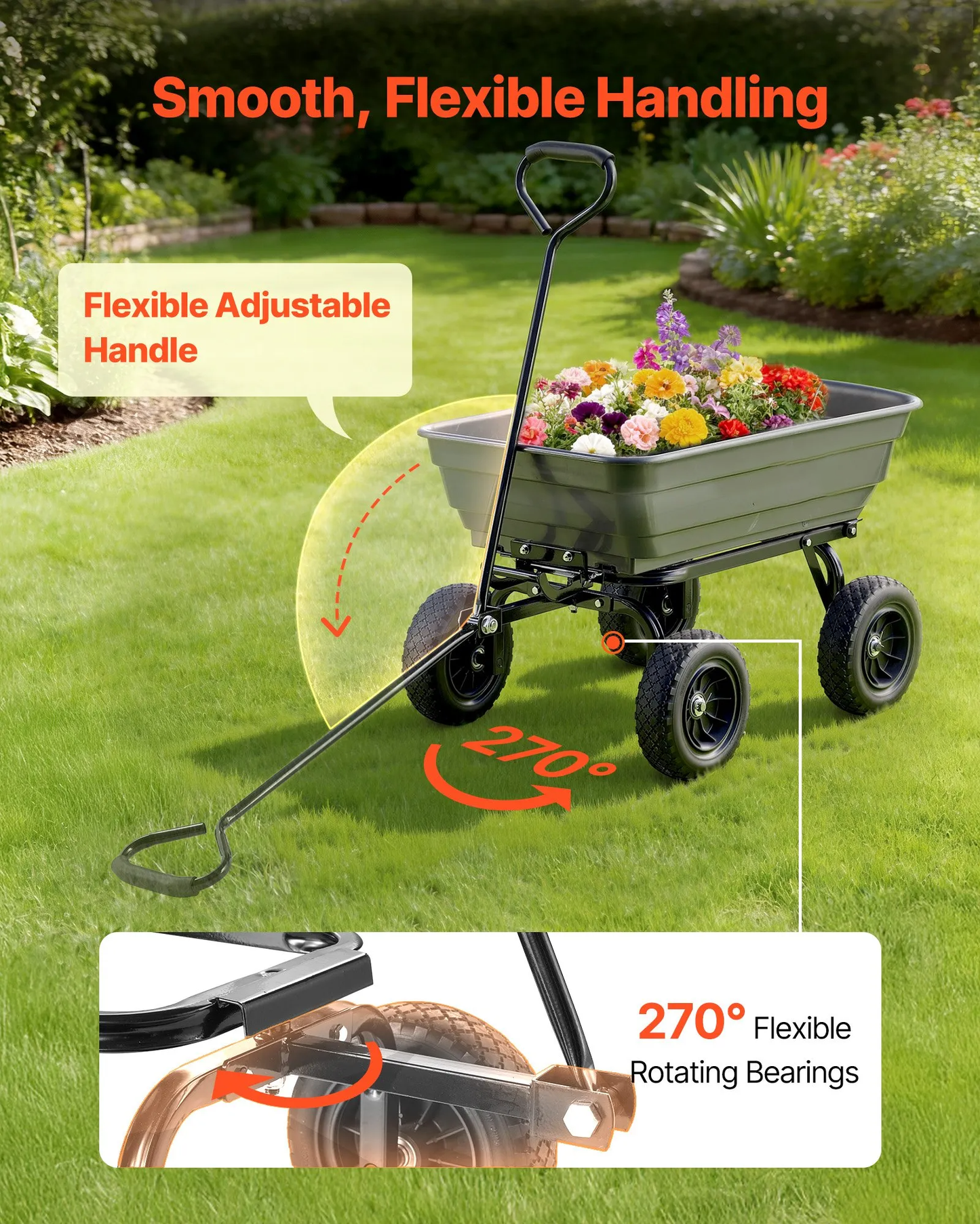 AS Equipment 600LB garden dump cart wagon with swivel wheels and quick dump tray