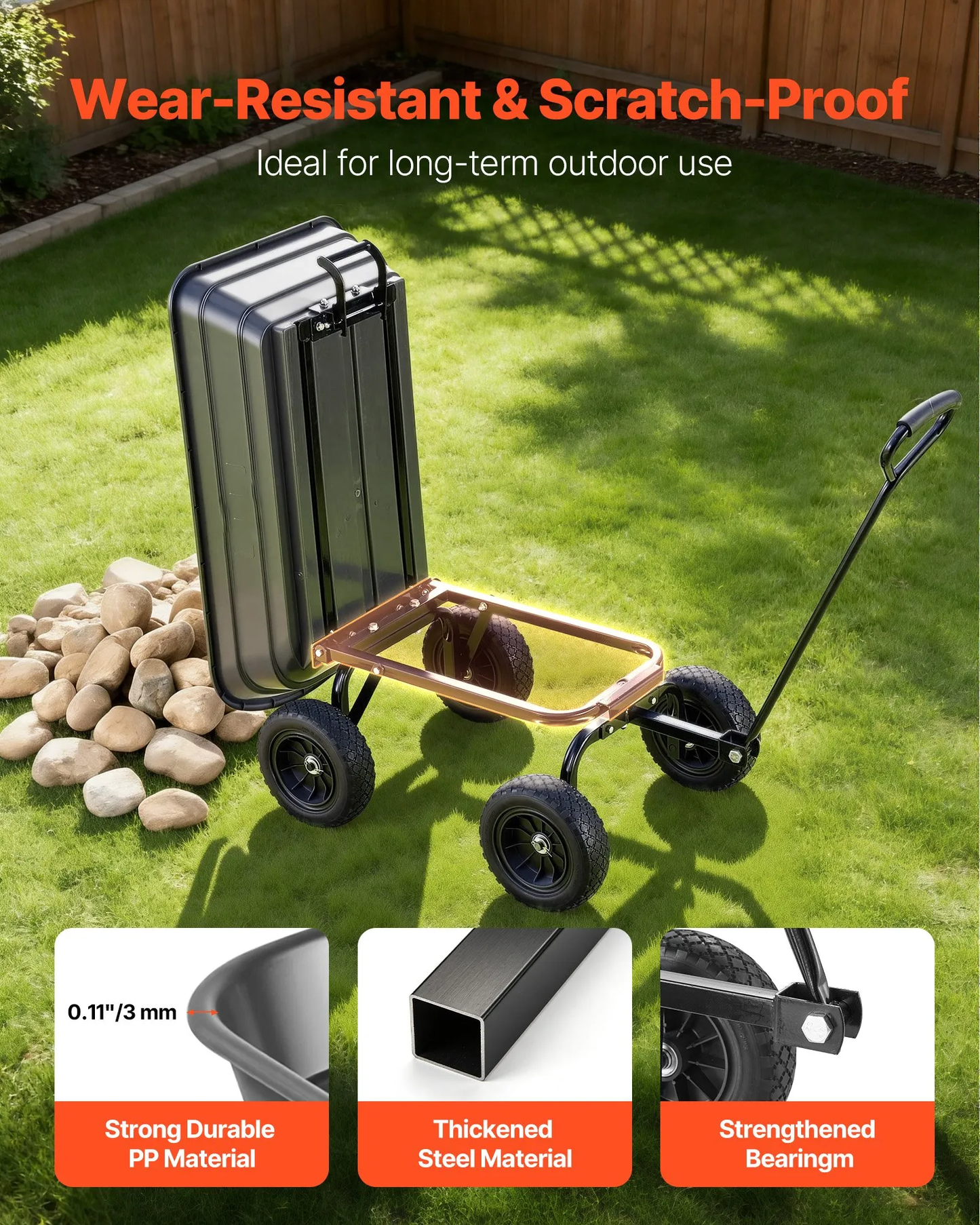 AS Equipment 600LB garden dump cart wagon with swivel wheels and quick dump tray