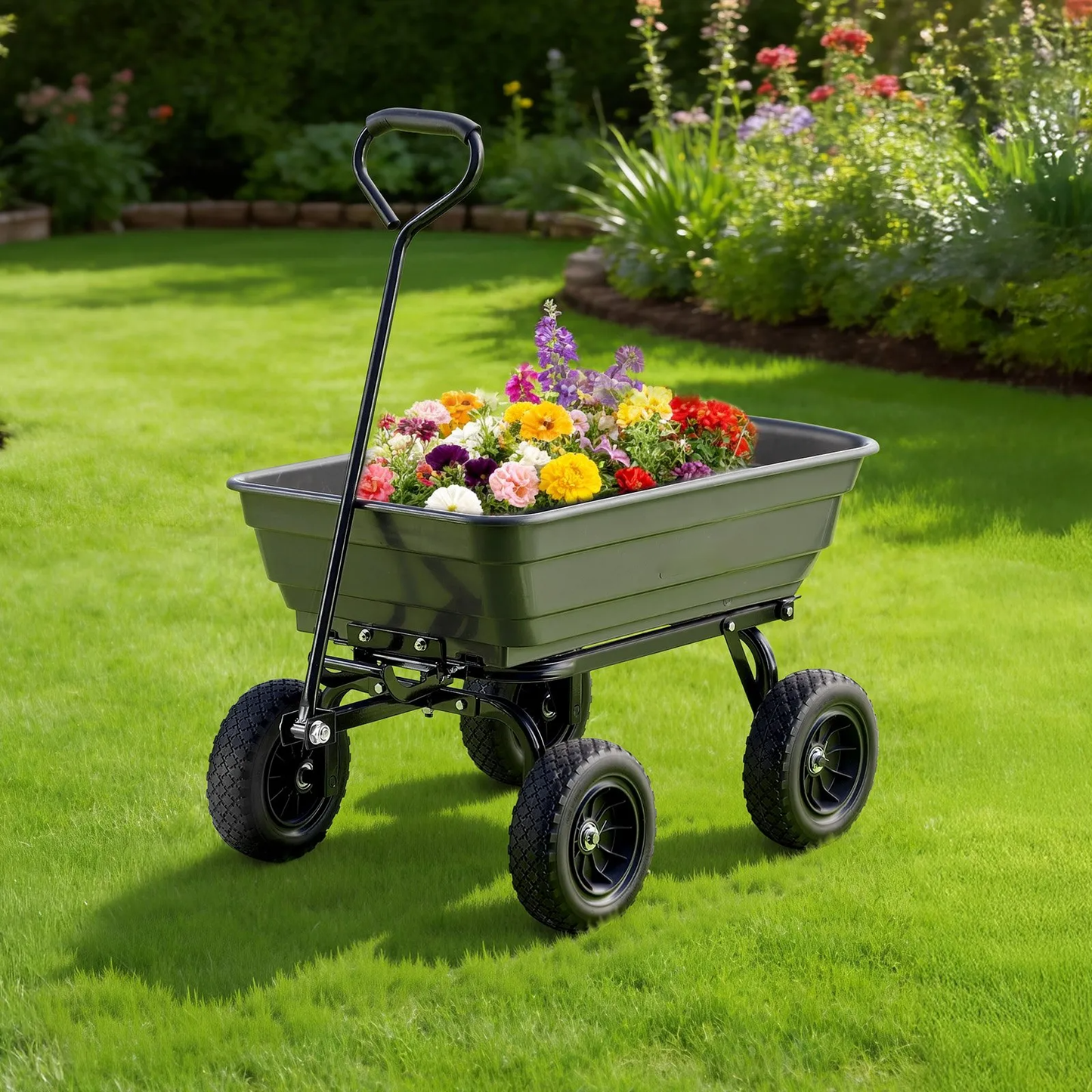 AS Equipment 600LB garden dump cart wagon with swivel wheels and quick dump tray
