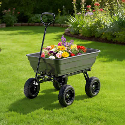AS Equipment 600LB garden dump cart wagon with swivel wheels and quick dump tray