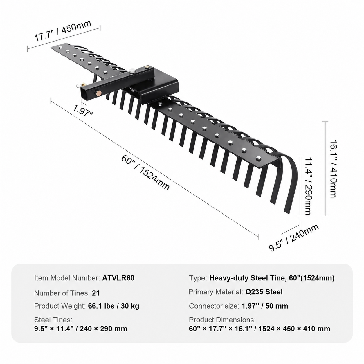 AS Equipment 60 inch tow behind landscape rake with steel coil tines