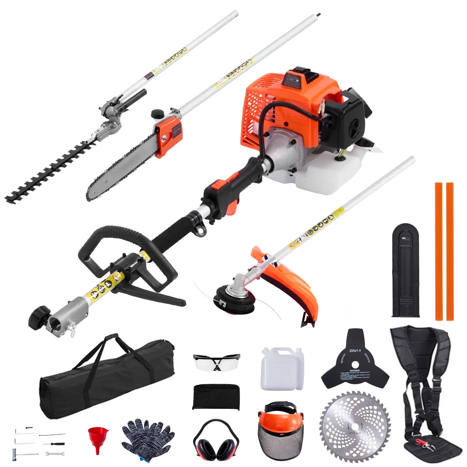 AS Equipment 63cc 5 in 1 gas hedge trimmer with pole saw and brush cutter attachments