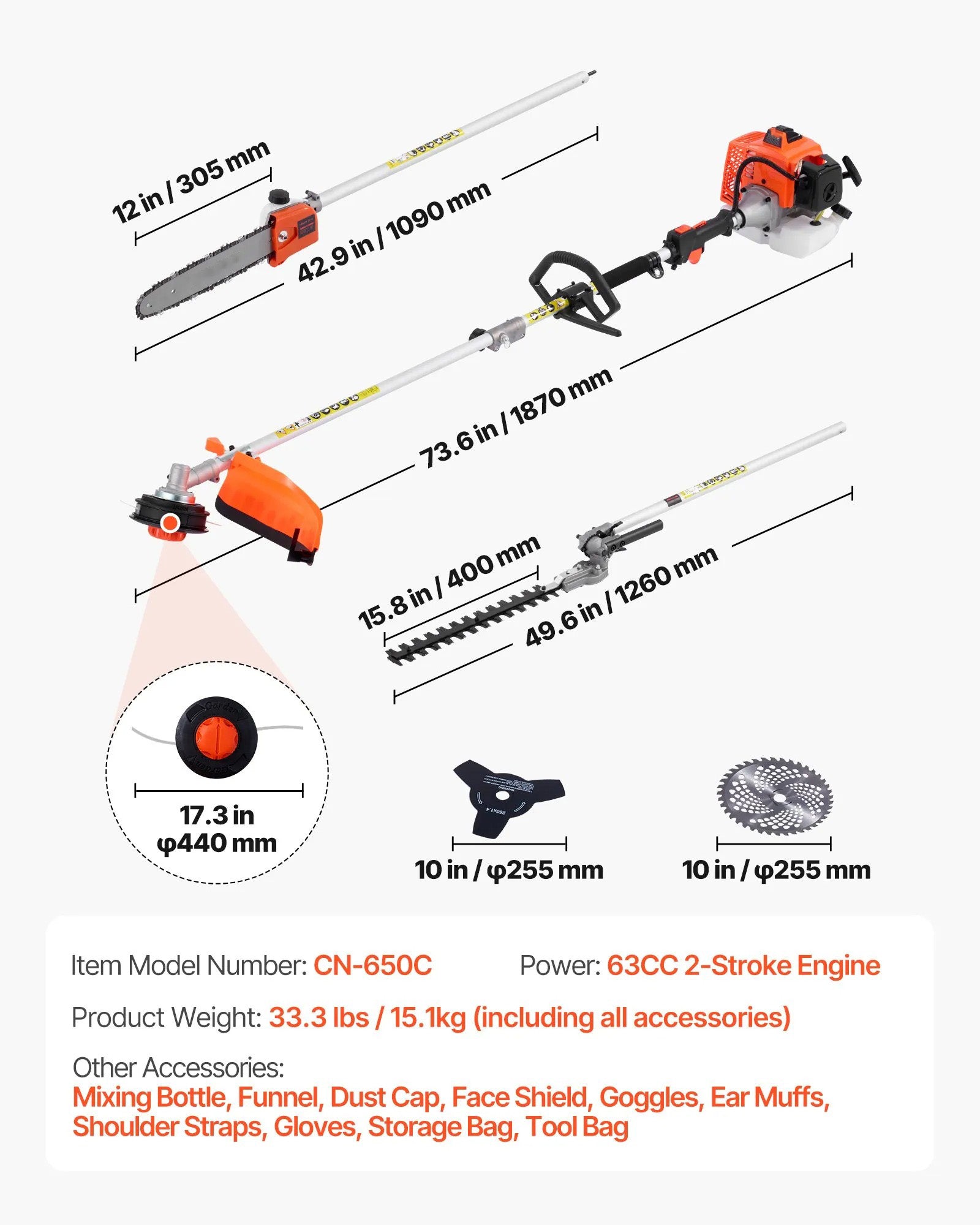 AS Equipment 63cc 5 in 1 gas hedge trimmer with pole saw and brush cutter attachments