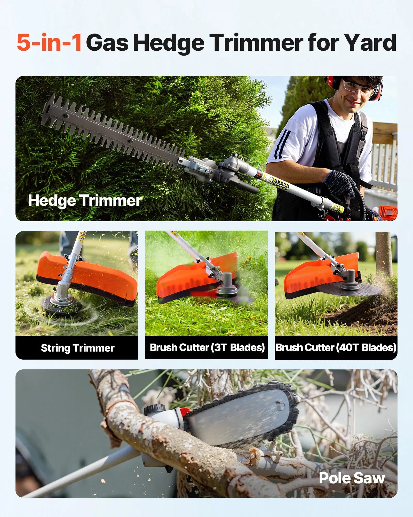 AS Equipment 63cc 5 in 1 gas hedge trimmer with pole saw and brush cutter attachments