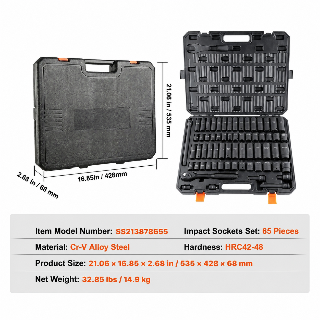 AS Equipment 65 piece 1/2 inch drive impact socket set with storage case