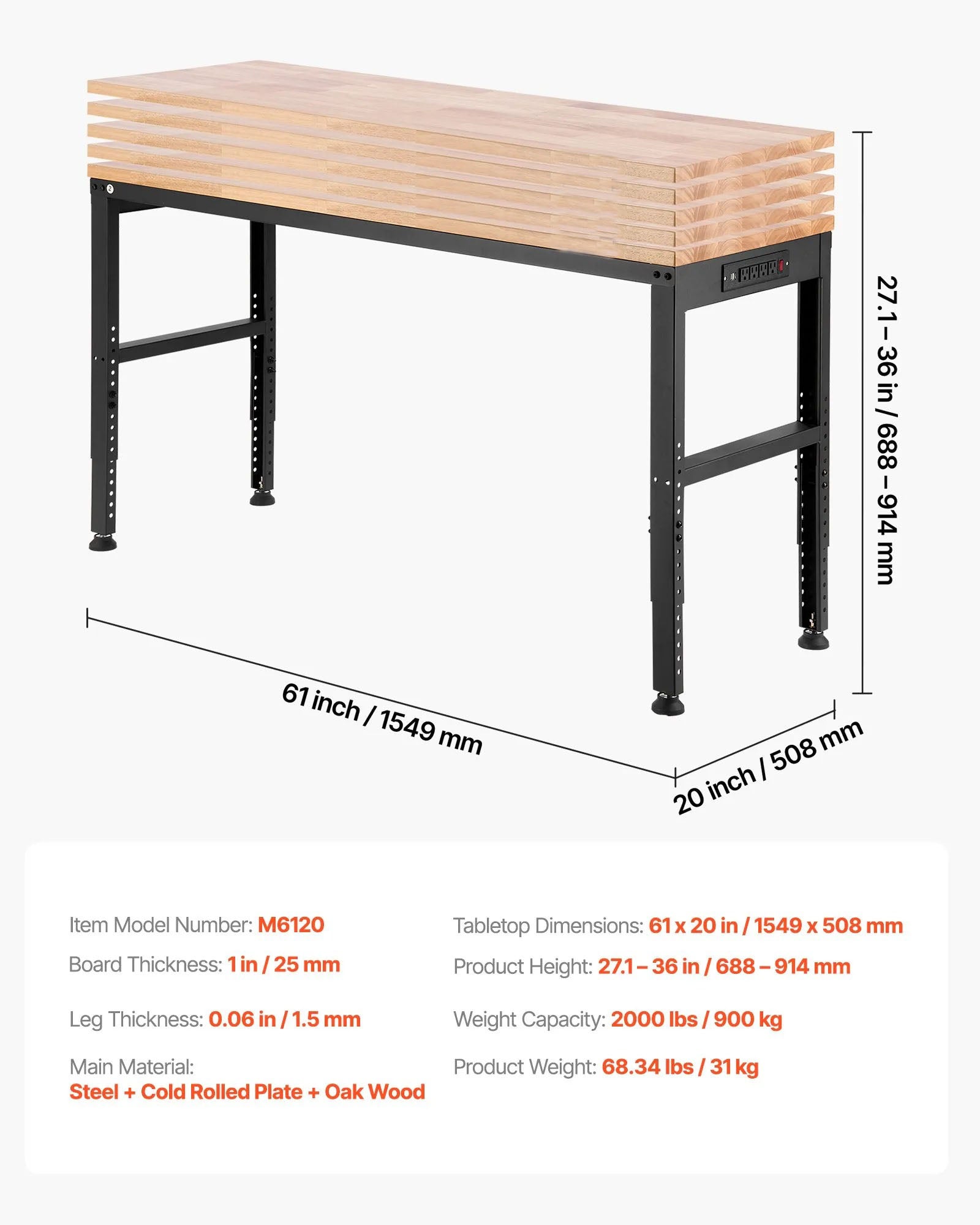 AS Equipment adjustable heavy duty workbench with built-in power outlets