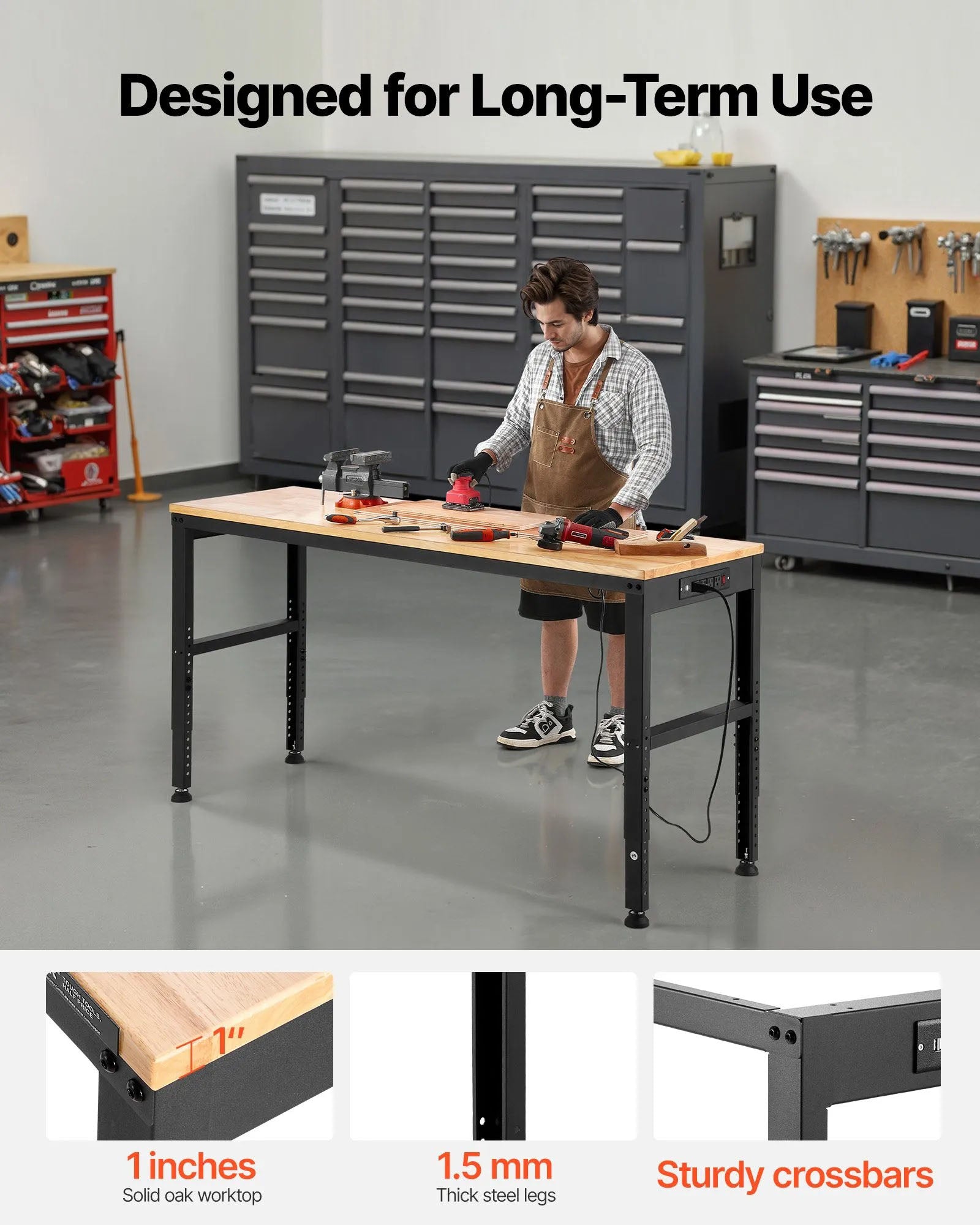 AS Equipment adjustable heavy duty workbench with built-in power outlets