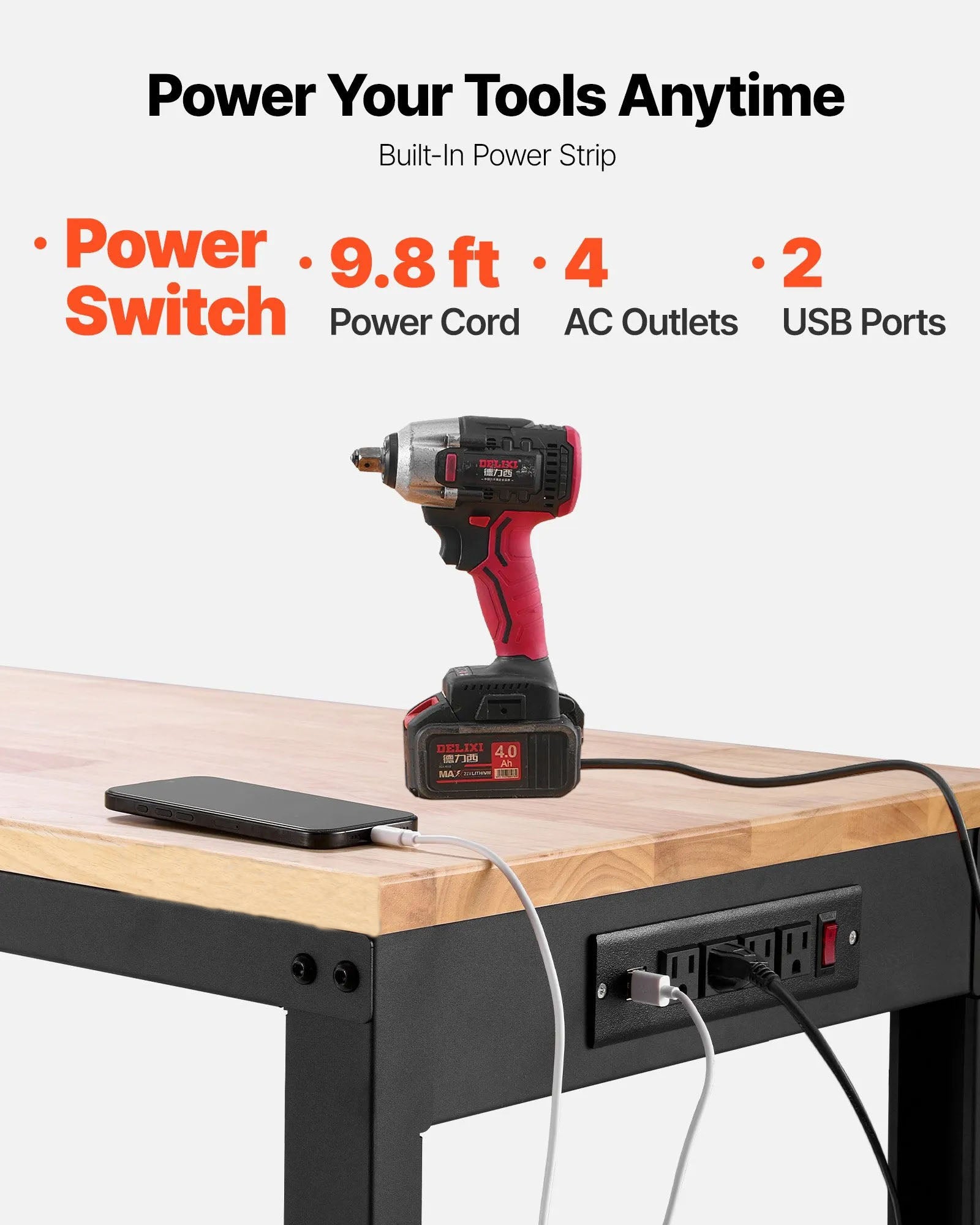 AS Equipment adjustable heavy duty workbench with built-in power outlets