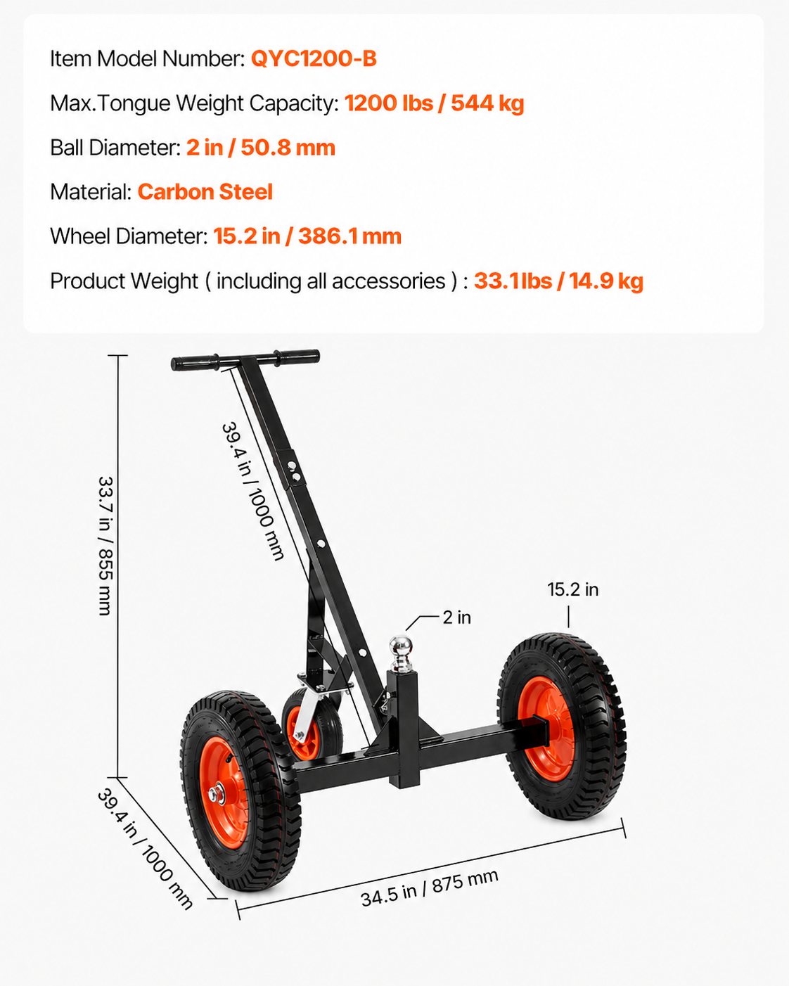 AS Equipment heavy duty trailer dolly with pneumatic tires and 2 inch hitch ball