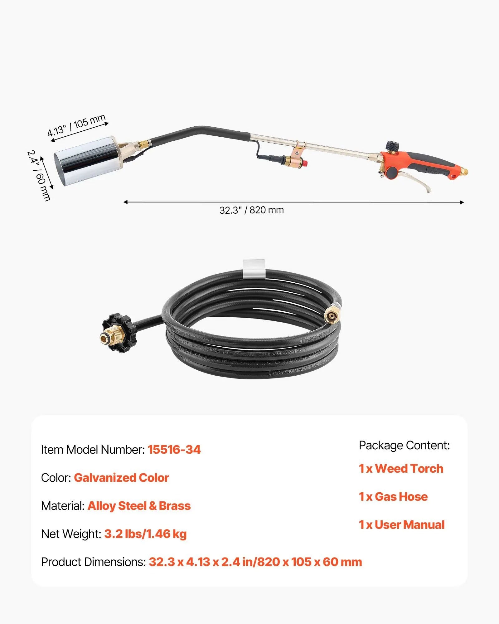 AS Equipment propane weed burner torch with adjustable flame and long hose