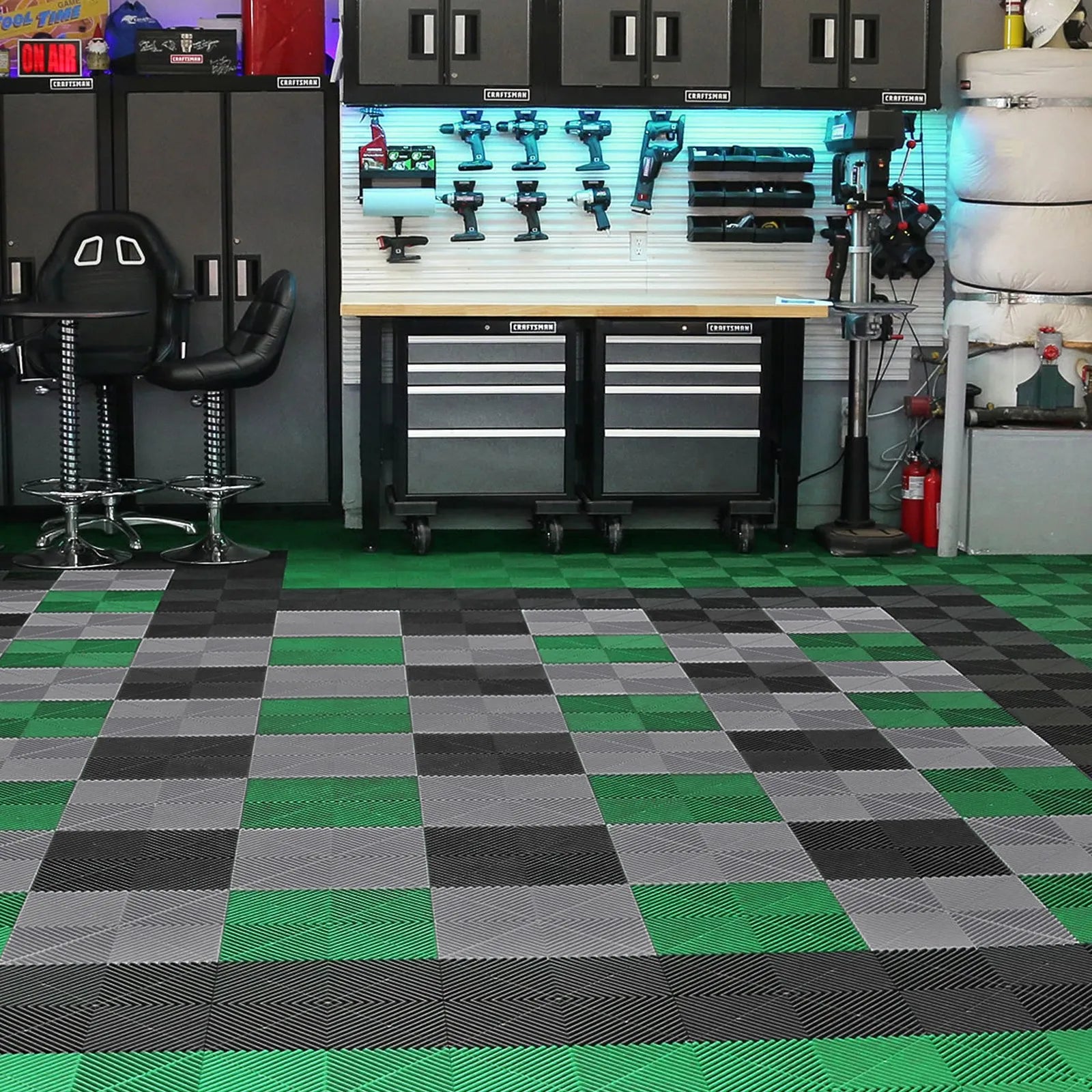 AS Equipment black interlocking drainage floor mats for garage and outdoor use