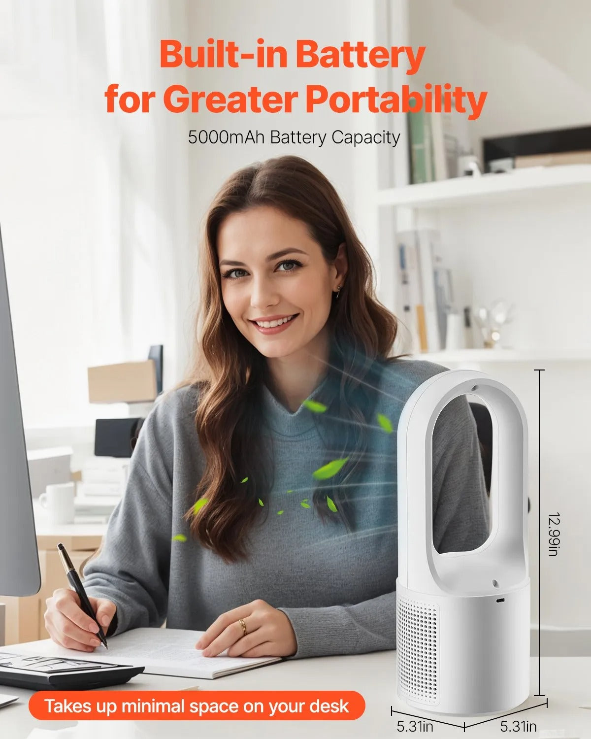 AS Equipment portable bladeless desk fan with LCD display and rechargeable battery