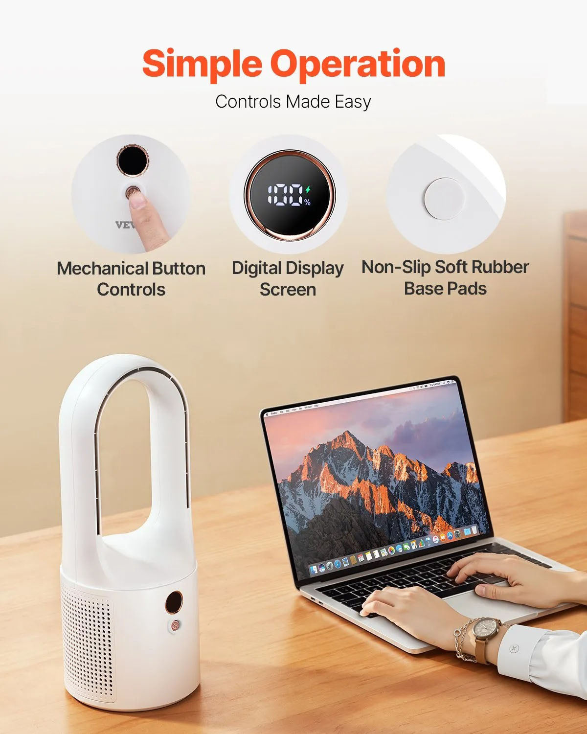 AS Equipment portable bladeless desk fan with LCD display and rechargeable battery