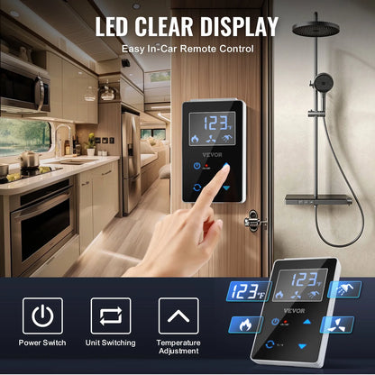 AS Equipment RV tankless water heater with remote controller and white access door