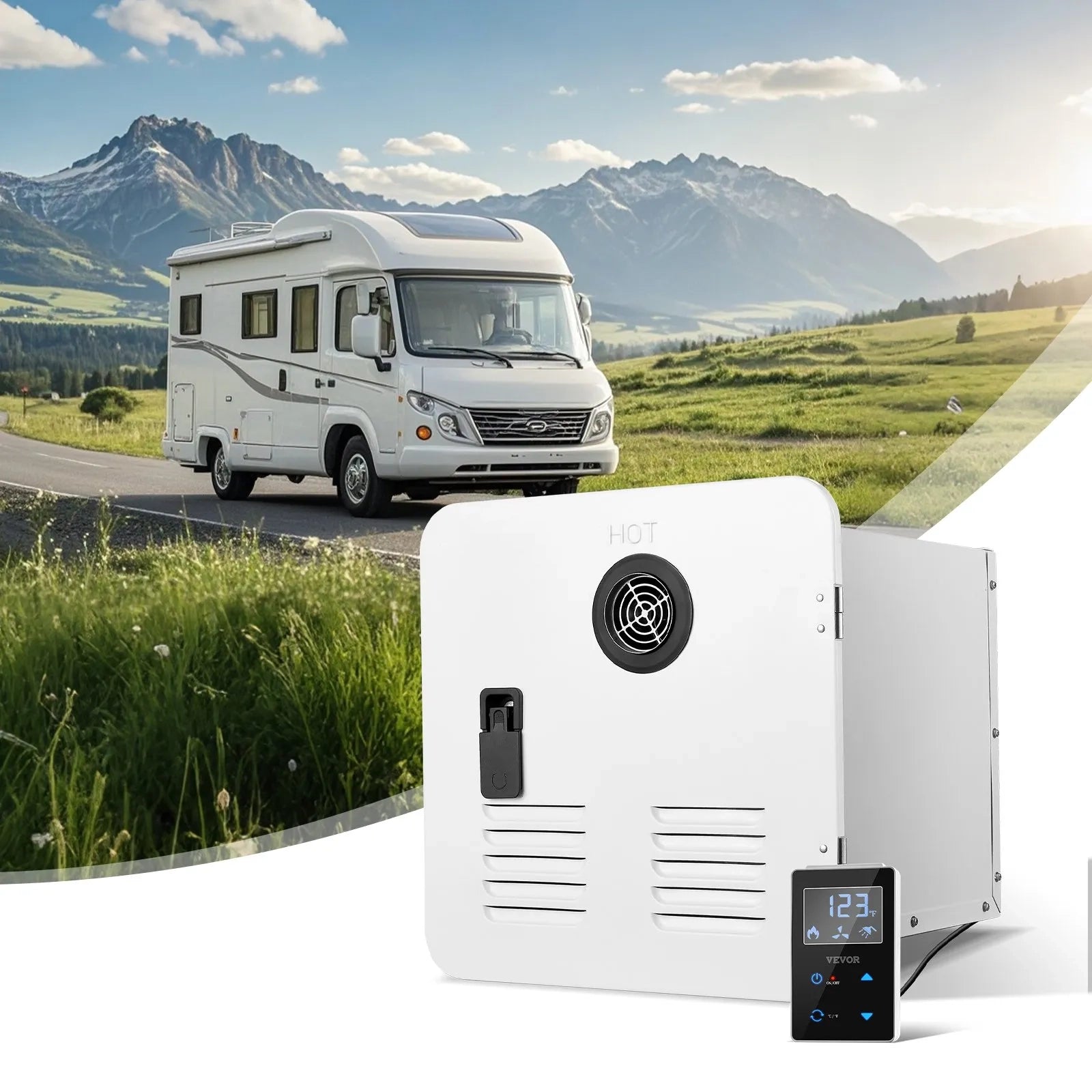 AS Equipment RV tankless water heater with remote controller and white access door