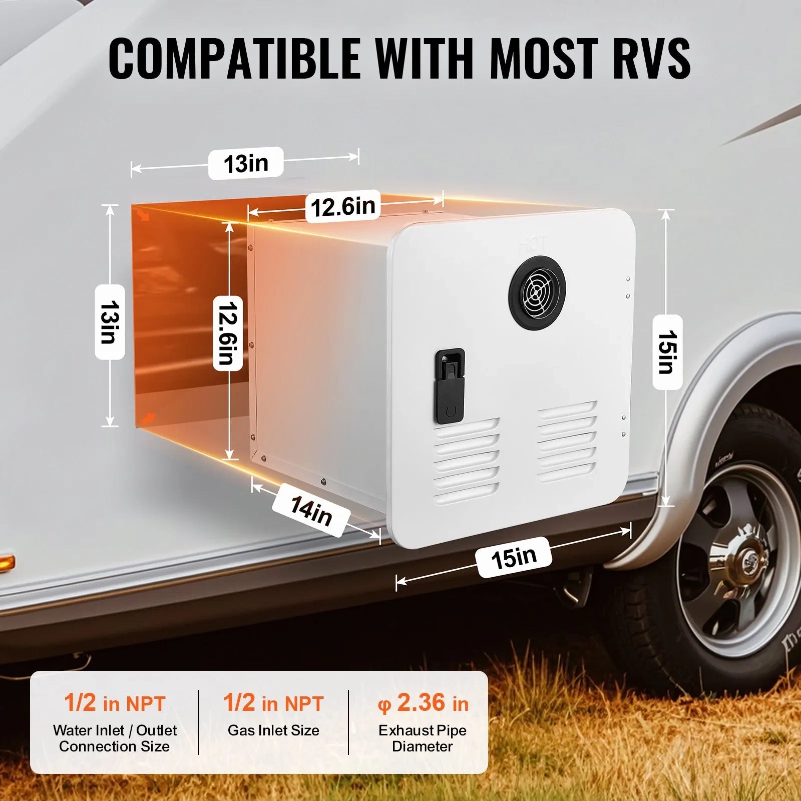 AS Equipment RV tankless water heater with remote controller and white access door