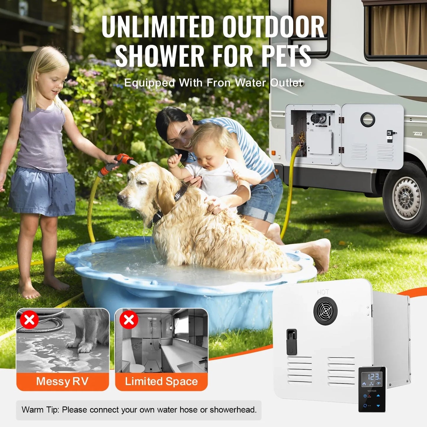 AS Equipment RV tankless water heater with remote controller and white access door