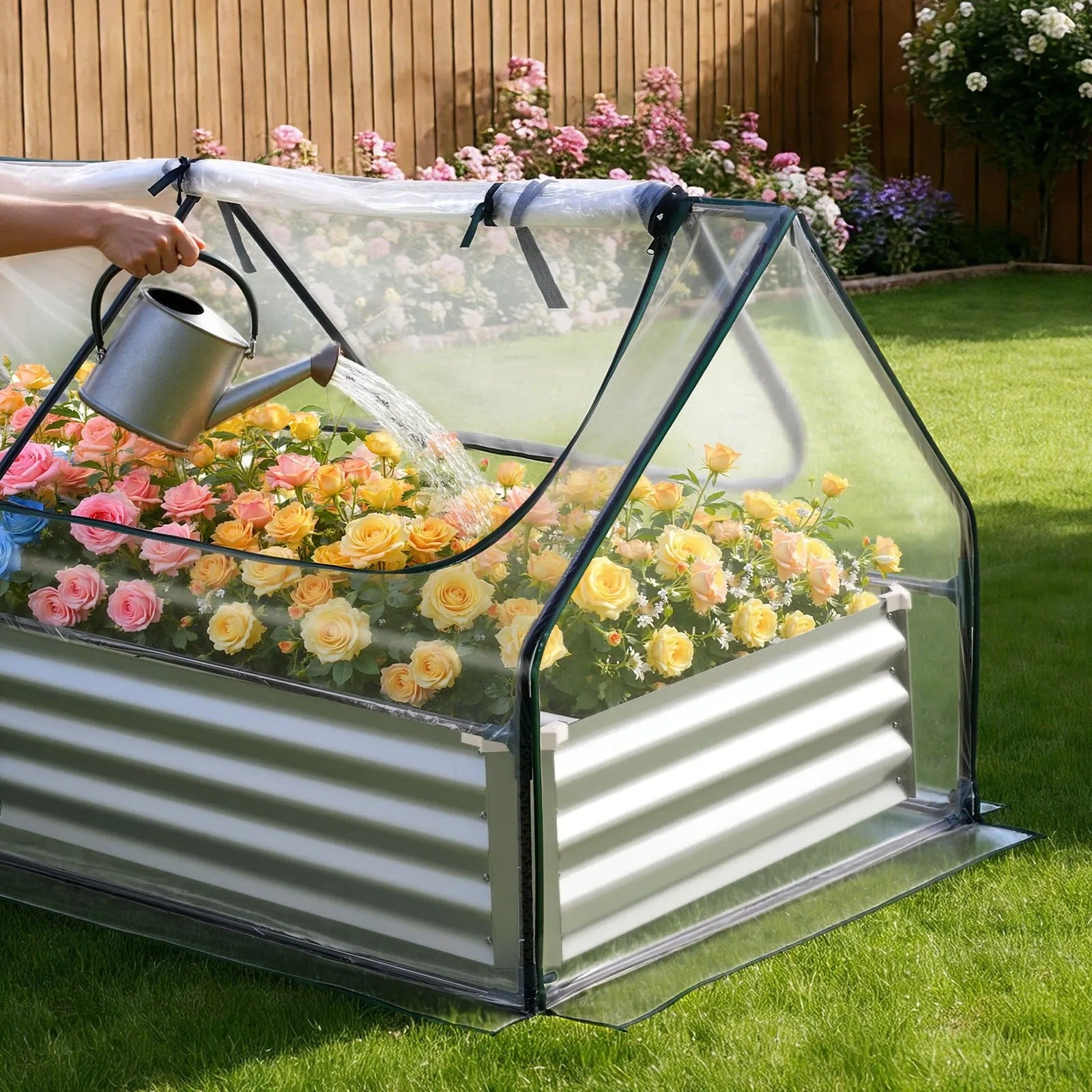 AS Equipment raised garden bed with greenhouse cover for outdoor vegetable gardening
