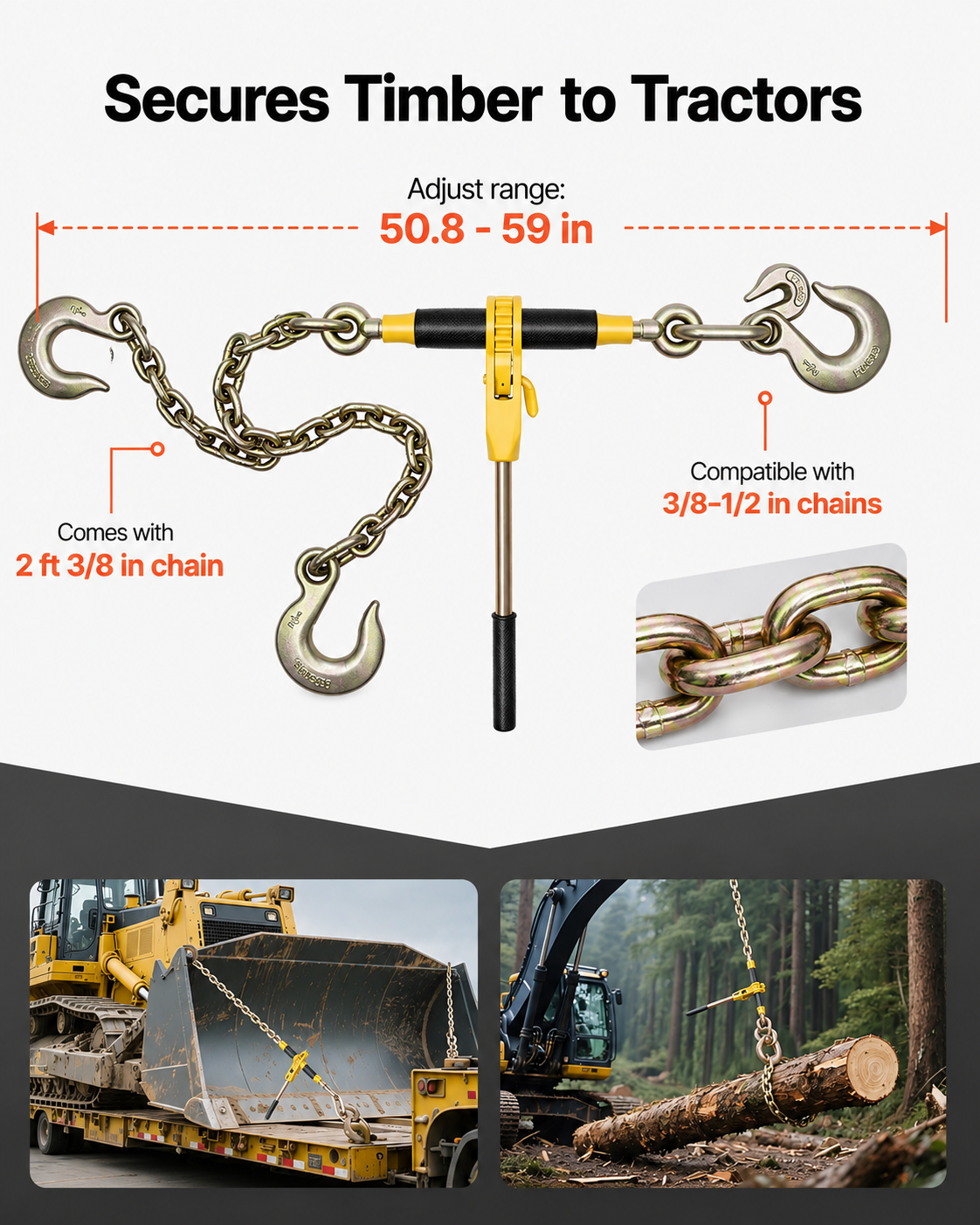 AS Equipment heavy duty ratchet chain binder set with steel handle and towing chains