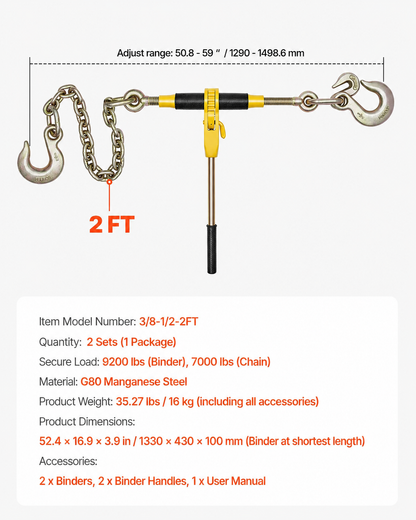 AS Equipment heavy duty ratchet chain binder set with steel handle and towing chains