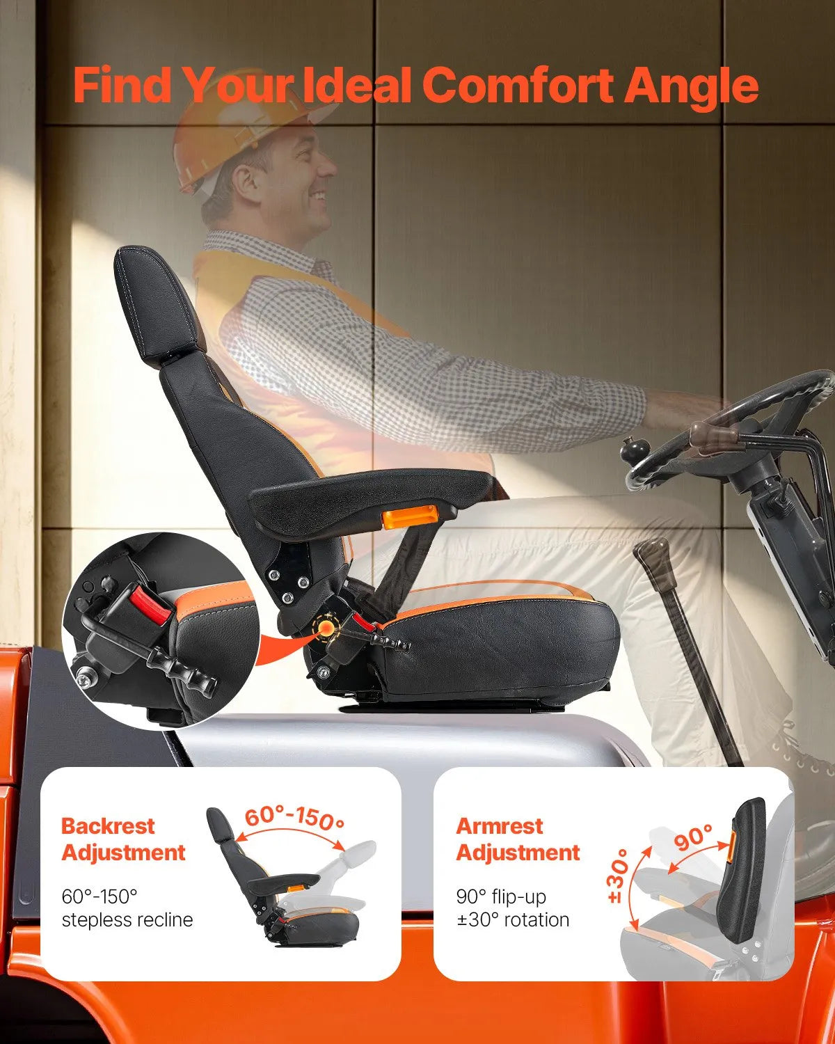 AS Equipment universal forklift tractor seat with adjustable headrest and armrests