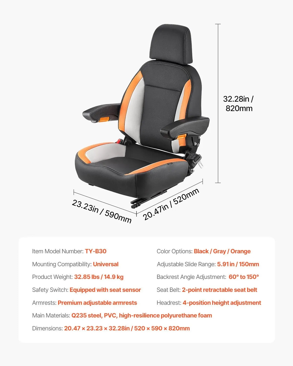 AS Equipment universal forklift tractor seat with adjustable headrest and armrests