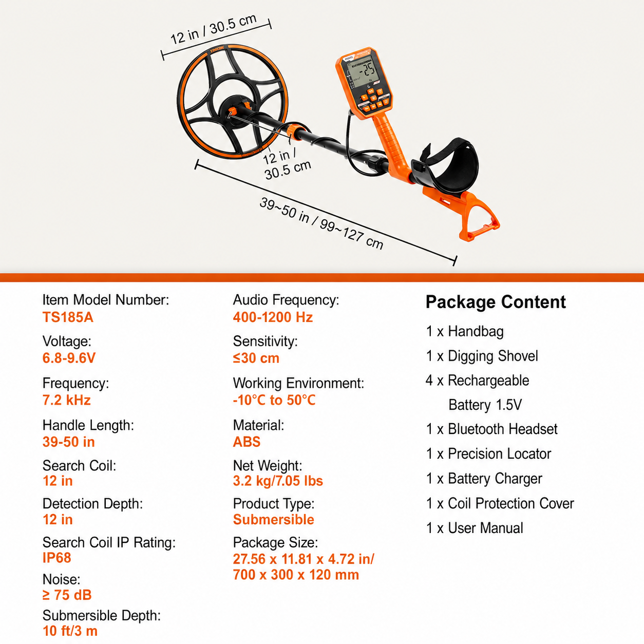 AS Equipment waterproof metal detector with LCD display and 12 inch search coil