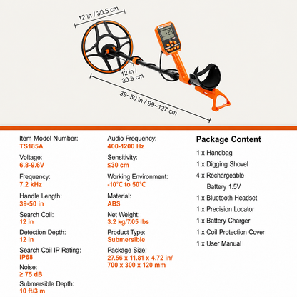 AS Equipment waterproof metal detector with LCD display and 12 inch search coil