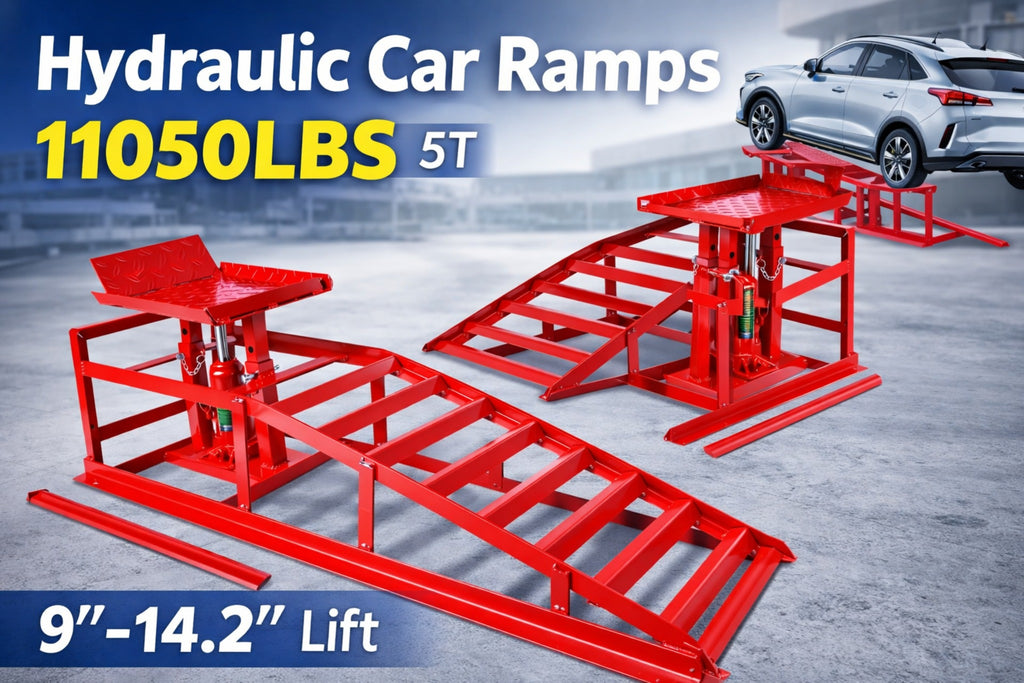 Hydraulic car ramp base and wheel stop detail