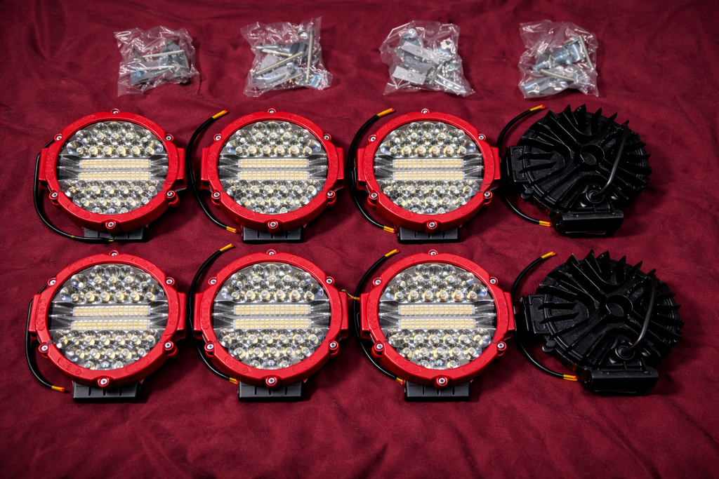 7 in round LED off-road light pod kit staged product image