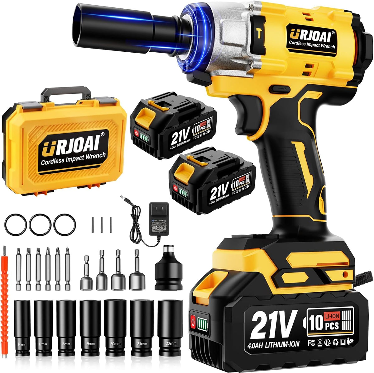 Cordless impact wrench kit with batteries, charger and accessories