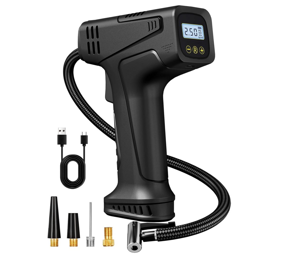 Cordless 150 PSI tire inflator with hose, charging cable and nozzle adapters