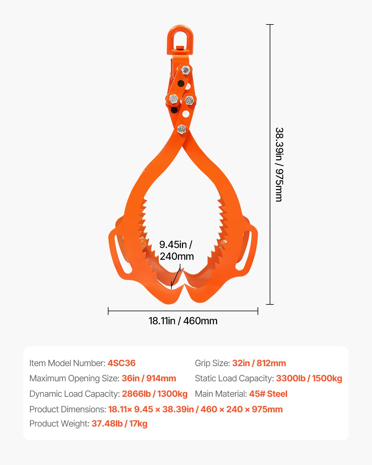 AS Equipment 36in Heavy Duty Log Lifting Tongs